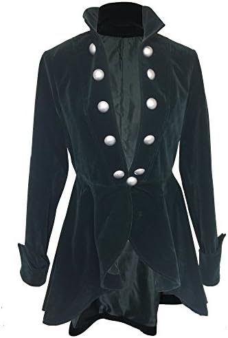 Dark Green Steampunk Victorian Gothic Velvet Renaissance Military Button Dipped Hem Jacket (16)