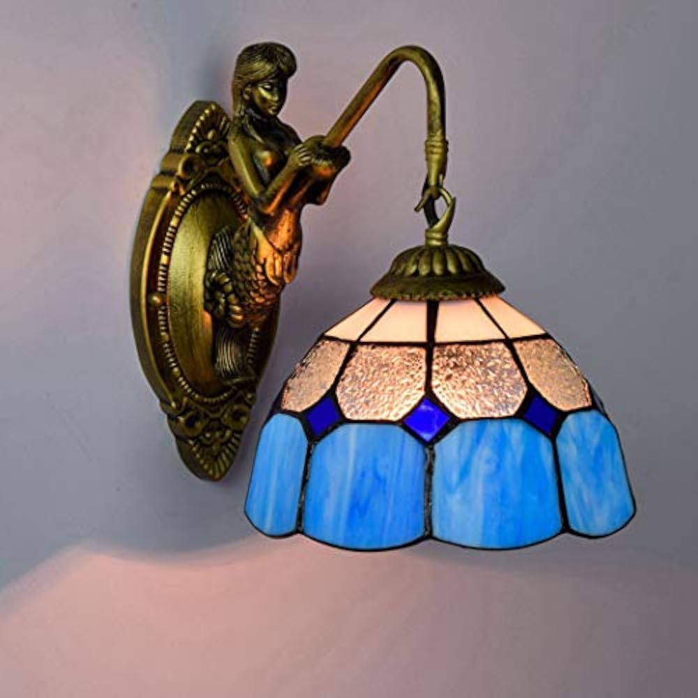 YJFFAN Europäische Retro-Mediterrane Wand Lampe, Hand Bemalte Glas Wandleuchten, Wohnzimmer-Esszimmer-Schlafzimmer-Bar-Club-Aisle-Leuchten, 8-Zoll, E27-Blau