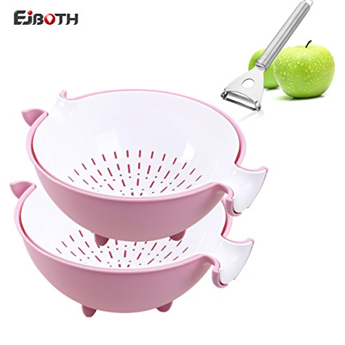 EJBOTH Doppelt Schicht Seiher Drainierender Kunststoff, [2pcs ablässt Korb + 1pc Schäler] Multifunktionales Waschen Schüssel Household Drain Basket Strainer Sieb Hohl Ausführung Colander Becken Für Waschen Obst & Gemüse [Rosa]