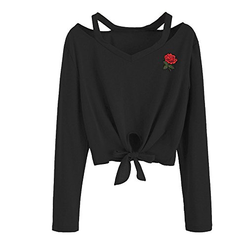 Preisvergleich Produktbild Damen Hoodie Sweatshirt Langarmshirt Kapuzenpullover Rose Stickerei Bekleidung Loveso Frauen Top Jumper mit Kapuze Kapuzenpulli Herbst Winter Warm Streetwear, Schwarz, XXL / 42