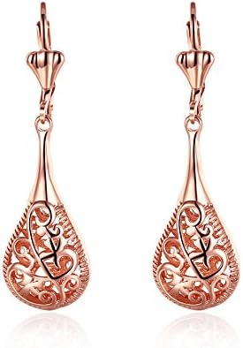 Lekima Hoop Earrings Hollow Water Drop Shaped Engraved Pattern Rose Gold Plated Ethnic Anti-Allergy Copper Classical Dangle Earrings Wedding Birthday Christmas Jewellery Gift For Girls Lady Women