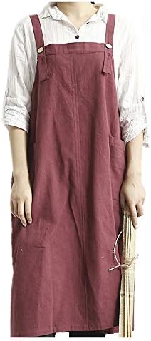 Yopu Linen apron - Adjustable Shoulder Straps Pocket - Long length simple unisex - Home Kitchen BBQ Cooking Clothes Gift Women Chef Housewarming - Apron dress in natural linen - Eco friendly (Red)