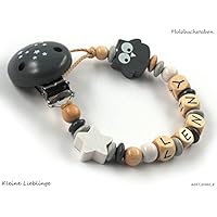 Schnullerkette mit Namen Eule Stern Unisex für Jungen und Mädchen 2 - 7 Buchstaben Eule Stern - weiß grau hellgrau Holz geprägte Holzbuchstaben Made in Germany Taufgeschenk personalisiert