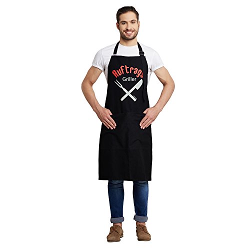 Inhoma Grillschürze bedruckt: „Auftrags-Griller“ in Schwarz | 100% Baumwolle | Barbecue-Schürze mit praktischen Taschen & verstellbarem Nackenband | extra groß 1x1m | Männergeschenk| mit Spruch - 6