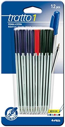 TRATTO 042000 – Blister Pack 12 per Brass Rotation, Ball Tip, Line width 0.5 mm Retractable Ballpoint Pens, Blue, Black, Green and Red