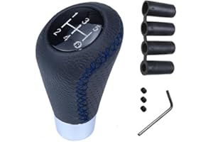 Juttzzei Schaltknauf 5 Gang Auto Schalthebel Universal Schaltknüppel Leder, Schaltknauf Tuning Manueller mit 4 Adaptern 8mm 10mm 11mm 12mm für Manueller Autos mit 5 Gang Schaltgetriebe - Blaue Nähte