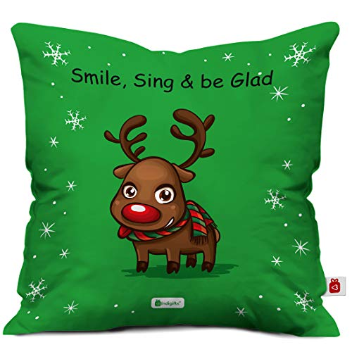 Indigifts Christmas Reindeer Print Green Cushion Cover 12x12 with Filler (Xmas Gift for Her, Him, Boy, Girl, Dad, Mom, Friends, Family) - Christmas Decorations