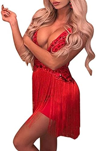 Justchicc Women's Gatsby Sequined Embellished Fringed Tassel Flapper Dress Red Medium