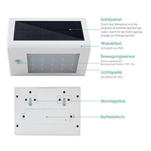 Deckey LED Solarleuchte mit Bewegungsmelder 20 LEDs Solarlampe Wandleuchte Außenleuchte 3W Kaltweiß (1 Stück, Weiß) - 2