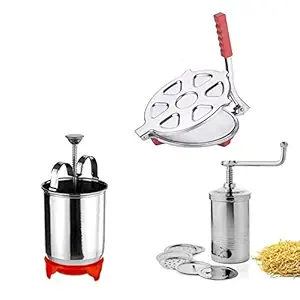 Leoneel Combo of Premium SS Kithcen Press with 6 SS Jalis and SS Chapati/Puri Maker Machine and Khakra Maker, Vada Maker Donut Maker Stainless Steel with Stand for Convenient Vada Maker (Pack of 3)