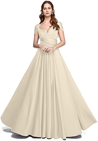 KeKaFu A-Line Strapless One Shoulder V-neck Floor Length Jersey Bridesmaid Dress with Pleats Criss Cross by LAN TING BRIDE,Champagne,US 14/UK 18/EU 44