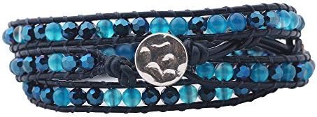 MOJO JEWELRY Genuine Leather Wrap Bracelet Bangle Cuff Rope Natural Stone Bead 3 Wrap Adjustable with Extra Free Gift (Blue and Aqua)