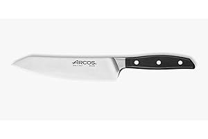Arcos Cuchillo Santoku balanceo forjado Acero Inoxidable. Cuchillo cocina afilado japonés pescado, carne y verduras. Mango ergonómico polioximetileno y Hoja 190 mm. Serie Manhattan. Color negro.