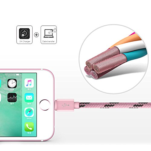 OKCS® Textil USB Datenkabel Ladekabel 1 Meter -iOS 9 kompatibel- für Apple iPhone SE, 6s Plus, 6 Plus, 6s, 6, 5, 5s, 5c, iPad 4, iPad Mini, iPad Air, Air 2, iPod Touch 6G, 5G, iPod Nano 7G in Rosegold - 5