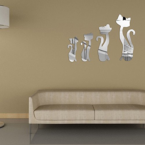 Walplus Spiegel Wall Art „Katzen Aufkleber Abnehmbare Wandbild Aufkleber Vinyl Home Dekoration DIY Living Schlafzimmer Décor Kids, Silber - 2