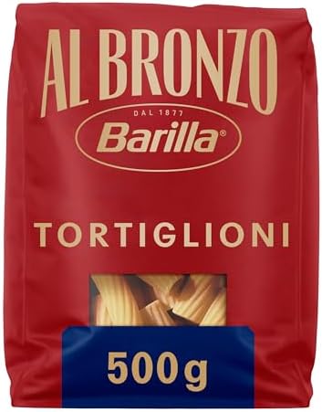 Barilla Pasta Al Bronzo Tortiglioni 100% Grano Italiano, Pasta trafilata al bronzo con microincisioni, Ruvidità Intensa, Formato grande e corposo, Eccellente tenuta del sugo, 500 g