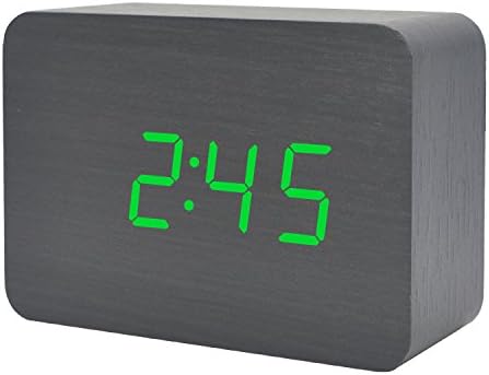 GANGHENGYU LED Wooden Alarm Clock Electronic Digital Time Temperature Date Alternate Display Desktop Silent Home Bedroom Travel Clock with Sound Control Function (Black Wood Green Light)