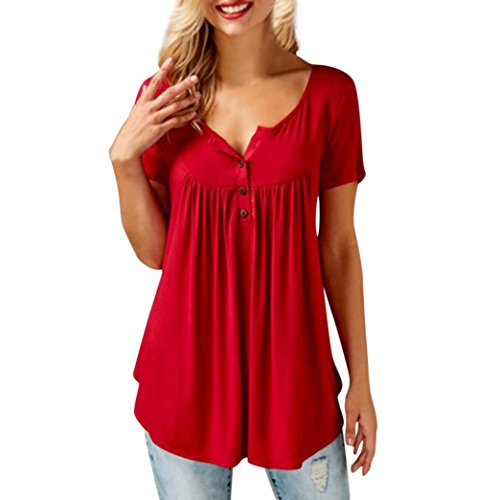 Womens Ladies Button Sleeve T-shirt ,Mamum Women Solid Row Pleats Button Ruched O-Neck Short Sleeve Irregular T-Shirt Tops (L)