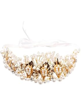 Pixnor Faux Perle goldene Blätter Tiara Krone Hochzeit Braut Perlen Kristalle Kopfschmuck
