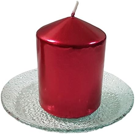 METALLIC RED UNSCENTED H10 X W7CM PILLAR CANDLE &amp; TEXTURED GLASS CANDLE PLATE SET