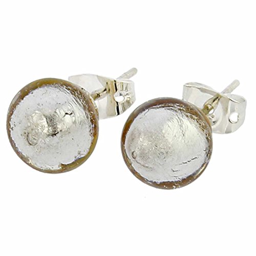 Murano Glass Earrings Studs - 1/4-Inch Round Stud Earrings in Silver White Lined with Silver Leaf. Blown Glass - Murano Glass Earrings for Women Handmade in Italy