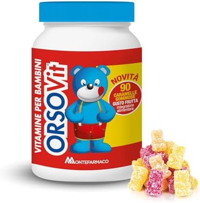 ORSOVIT Multivitaminico Bambini, Caramelle Gommose con Vitamina C, Vitamina D, Vitamina B, Acido Folico - Senza Glutine, Gusto Frutta (90 Caramelle Gommose a Forma di Orsetto)