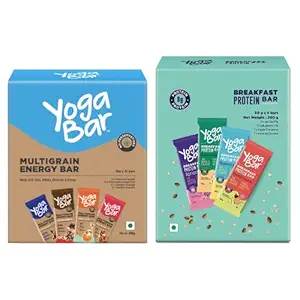 Yogabar Multigrain Energy and Breakfast Bar Combo | Yogabar Multigrain Energy Bars 380Gm Pack (38G x 10) | Yogabar Breakfast Protein Variety Bars - 300gm, 6 x 50 g (Box of 6 Bars)