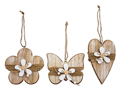 3x Deko Anhänger Herz Blume Schmetterling, Holz braun zum Hängen, 21,5 cm, Frühlingsdeko Hängedeko für Frühling Sommer