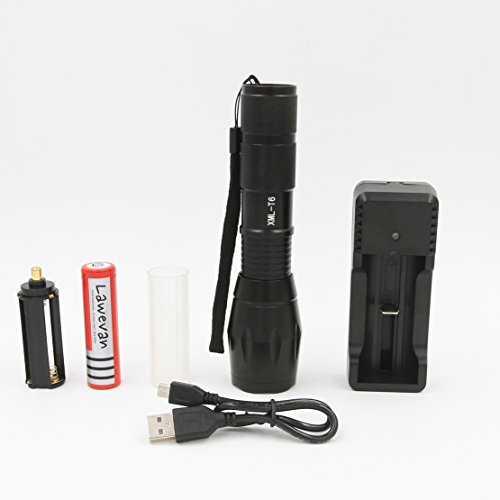 Lawevan® LED CREE XM-L T6 1600 Lumen Taschenlampe 5 Modi Einstellbare Zoomable Taschenlampen+18650 Akku+USB Ladegerät - 2