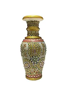 TIQH White Marble Flowerpot with Detailed Embossing Design,Meenakari Work