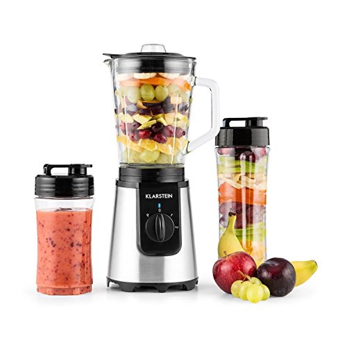 Klarstein • Shiva • Standmixer • Küchenmixer • Smoothiemaker • Blender • 350 Watt • Edelstahlklingen • 0,8 Liter Glaskrug (geschmacksneutral) • 2 Mixerbecher aus Kunsststoff (BPA-frei) • 2 Geschwindigkeitsstufen • Puls Funktion • Verschlussdeckel • schwarz