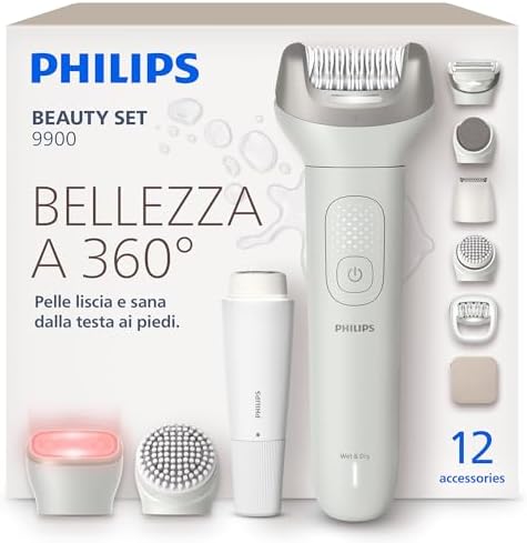 Philips Beauty Set - Kit tutto in uno corpo, viso, bikini, piedi, senza fili, su pelle asciutta o bagnata, depilazione, cura del corpo e della pelle, epilatore con 12 accessori, modello BRE749/00