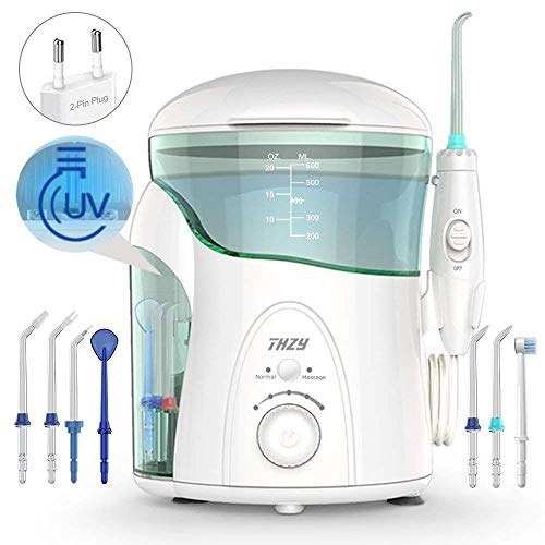 Irrigador Dental con UV Esterilizador, XPretty Water Flosser Irrigador Bucal Impermeable Water Jet Flosser de Agua Profesional Multifuncional Aquarius con 7 Cabezales, 600ml Depósito de Agua