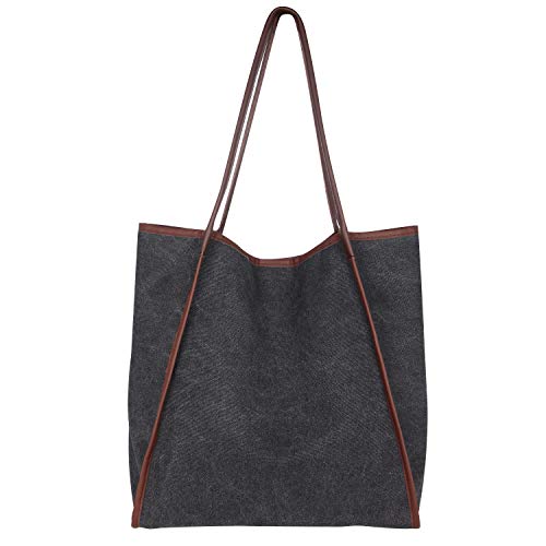 Timetop La bolsa de asas de lona, el bolso de hombro de las mujeres El bolso de hombro de la lona El bolso de hombro La bolsa de hombro 39x 31 x 16 cm-Negro