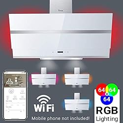 Hotte aspirante murale (90 cm, acier inoxydable, verre blanc, WIFI, extra silencieux, 605 m³/h, 4 marches, éclairage LED RVB, touches sensitives TouchSelect) HERMES907WM - KKT KOLBE