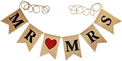 KOKER 7.6" x 5.2" Mr & Mrs Burlap Fabric Bunting Banner,Vintage Rustic Wedding Decoration, Jute Garland With Shinning Love Chair Set Signs 6 Feet Long (Black and Red)
