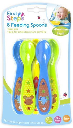 First Steps Jungle Pals Pack of 5 Feeding Spoons Easy Grip BPA Free 6months + - GreenBlueYellow