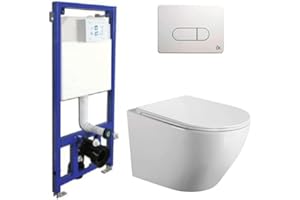 B BAÑO TOTAL Pack Inodoro Suspendido + Cisterna Empotrada | Inodoro Empotrado con Fondo Reducido y Asiento Extrafino con Caida Amortiguada (Pack Wc Suspendido + Cisterna Empotrada + Pulsador Blanco)