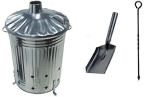 Srendi® Small Medium Large 15L 60L 90L Litre Metal Galvanised Garden Incinerator Fire Bin Burning Leaves Paper Wood Rubbish Dustbin Shovel and Poker Made in U. K. (90L INC+Shovel&Poker)