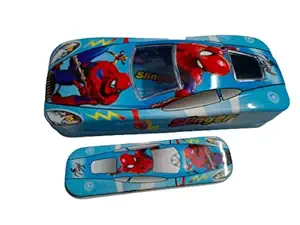 V3 Enterprises Cartoon Printed Big Car Shape Metal Pencil Box with Small Car for Kids, Light Blue