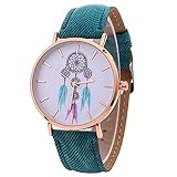 Babysbreath17 Frauen rundes Zifferblatt Quarz-Uhr mit eindeutigem Zeiger Denim-Bügel Wind Bell Mustern Armbanduhr Geschenke Grün