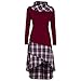 Produktbild Damen Langarm Kleid CLOOM Elegante plaid Patchwork Lange Bluse Tops Asymmetrisch PartyKleid Langarmshirts Rundhals Skater Kleider lose T-Shirt Kleid Knielang dress Übergröße (Weinrot, 2XL)