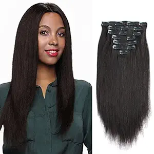 AmazingBeauty Real Remy Thick Natural Yaki Clip On Hair Extensions Black for African American Relax Hair 7 Pieces 120 Gram Per Set, 16 Inch