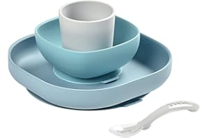 BÉABA, Set Vaisselle Silicone Repas Bébé, Avec Ventouse, Anti-dérapant, 4 Pièces, Assiette + Bol+ Verre + Cuillère, Silicone Saine et Durable, Compatible lave-vaisselle, Micro-onde, Jungle