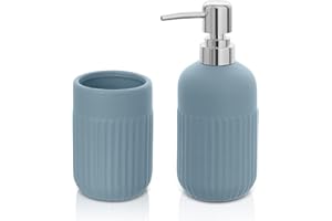 Inbagno Set Accessori Bagno da appoggio 2 Pezzi, Dispenser Sapone e Bicchiere portaspazzolini, in Ceramica Colore Turchese Cobalto, Linea Cup
