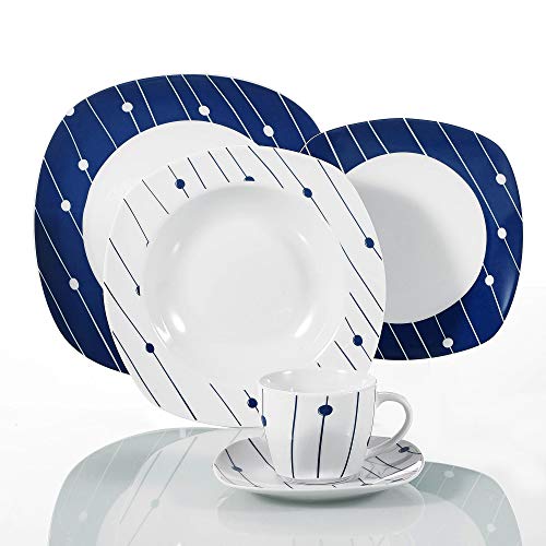 VEWEET 'Dot' Service de Table en Porcelaine | 30 pièces Service combiné, Set de Vaisselle, Blanc Bleu