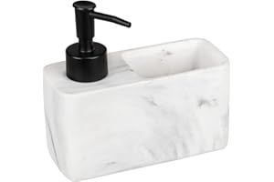 WENKO Dispensador de lavavajillas Resa Marmor, dosificador de cocina, aspecto de mármol y compartimento para estropajos, incluye estropajo, recargable, aprox. 150 ml, 14,5 x 14,3 x 6 cm, blanco/negro
