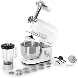 Klarstein Lucia Bianca - Robot de cuisine universel, Mélangeur, Pétrin, 1200 W, 5 L, agitation planétaire, Hachoir à viande, Accessoires pâtes, bol mixeur 1,5 l, 6 vitesses, blanc