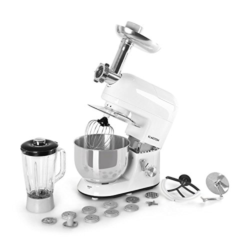 Klarstein Lucia Bianca - Robot de cuisine universel, Mélangeur, Pétrin, 1200 W, 5 L, agitation planétaire, Hachoir à viande, Accessoires pâtes, bol mixeur 1,5 l, 6 vitesses, blanc