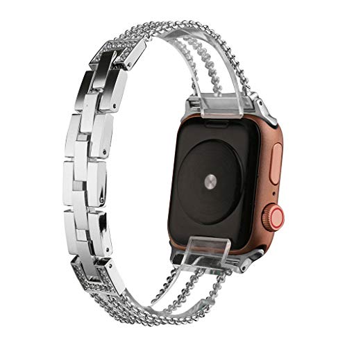 Preisvergleich Produktbild Mumuj Edelstahl Kette Stil Armband, Edelstahlarm Metall UhrBand Kristall Verstellbarer Frauen Ersatzband Band Armreif für Apple Watch 4 / 3 / 2 / 1 42 / 44mm (Silber)